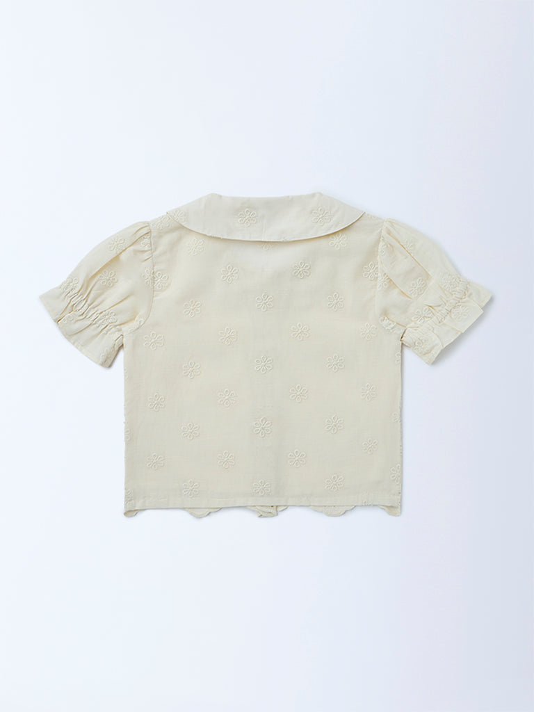 Utsa Kids Girls Off-White Schiffli Embroidered Cotton Top