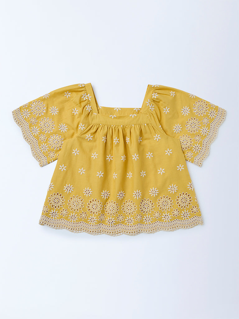 Utsa Kids Girls Yellow Embroidered Cotton Blouse - (2-8yrs)