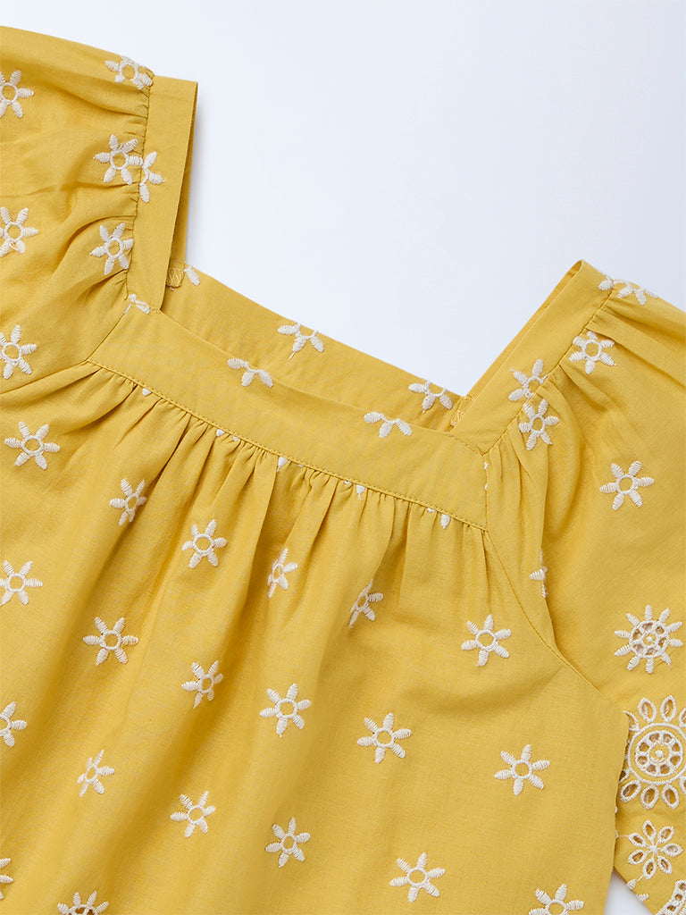 Utsa Kids Girls Yellow Embroidered Cotton Blouse - (2-8yrs)