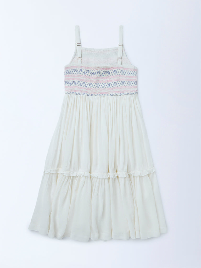 Utsa Kids Girls White Embroidered Fit-and-Flare Dress