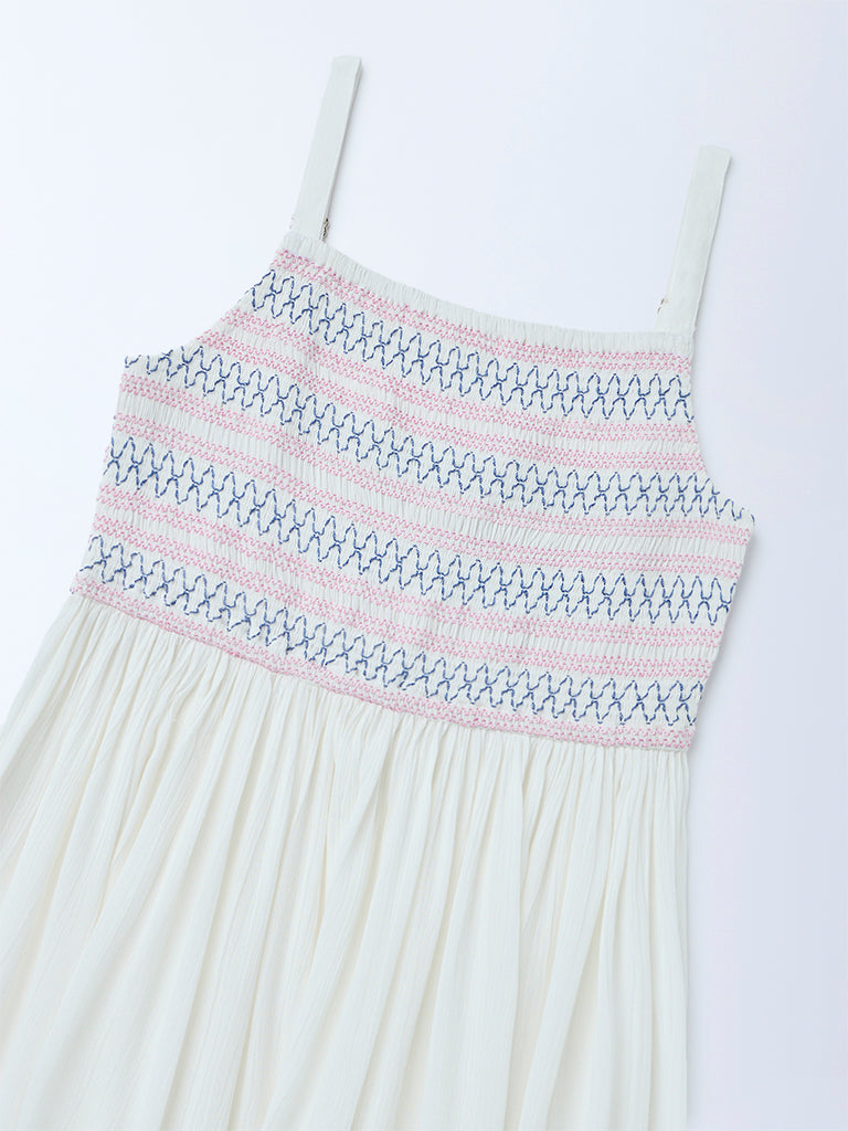 Utsa Kids Girls White Embroidered Fit-and-Flare Dress