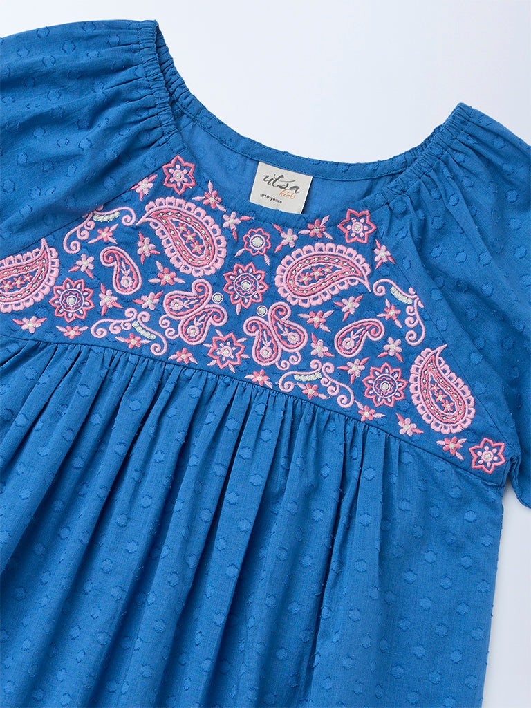 Utsa Kids Girls Indigo Floral Embroidered Tiered Cotton-Blend Dress