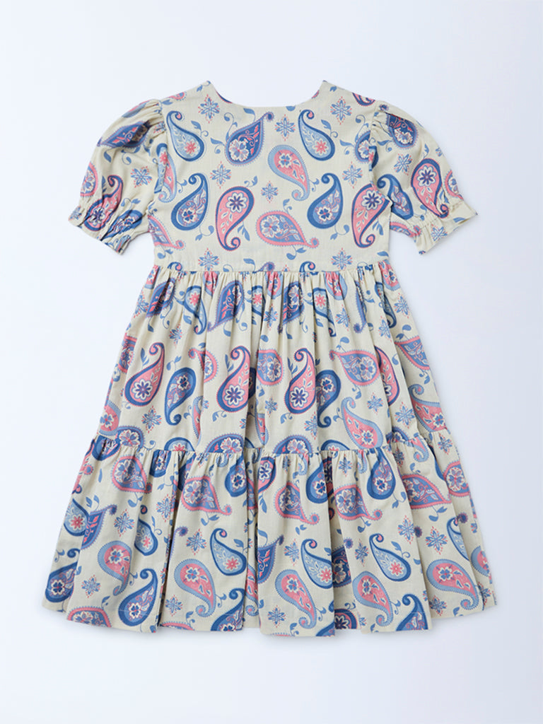 Utsa Kids Girls Off-White Paisley Printed Cotton-Blend Tiered Dress
