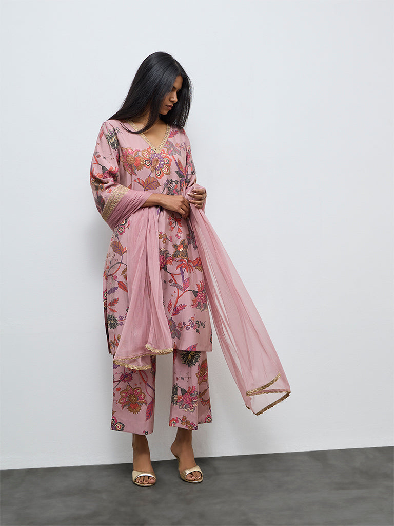 Vark Dusty Pink Floral A-Line Ethnic Set