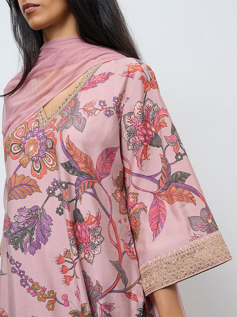 Vark Dusty Pink Floral A-Line Ethnic Set