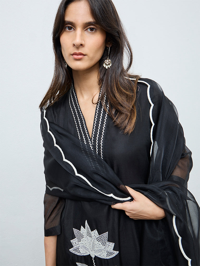 Vark Black Floral Embroidered A-Line Ethnic Set