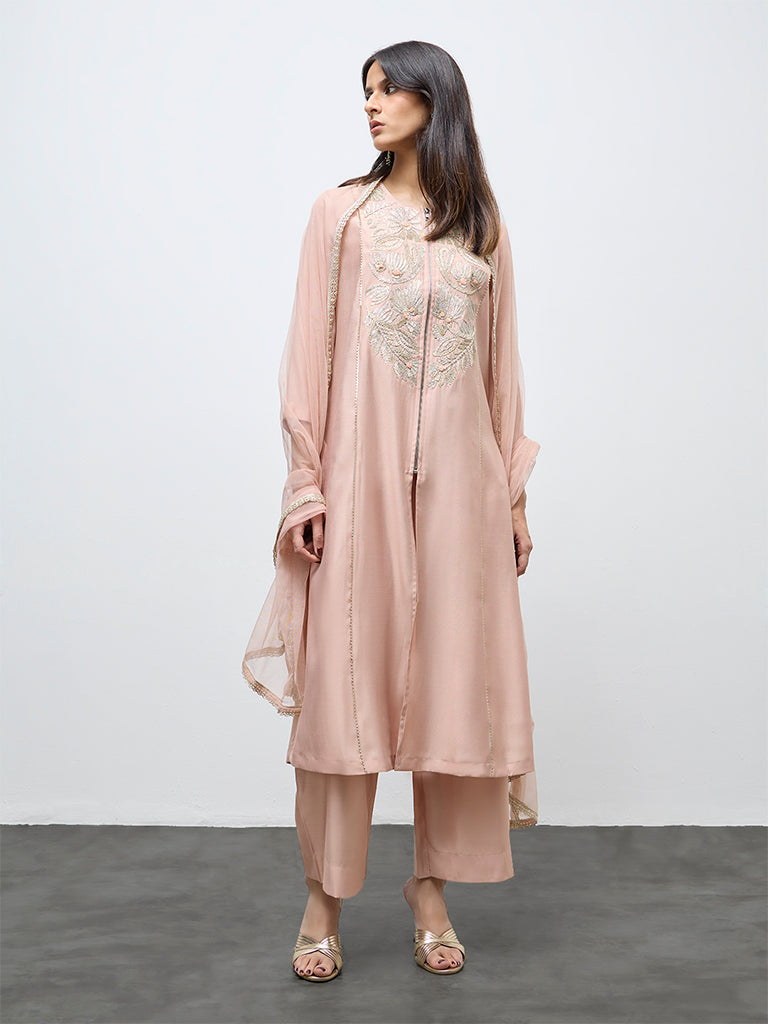 Vark Peach Floral Embroidered A-Line Ethnic Set