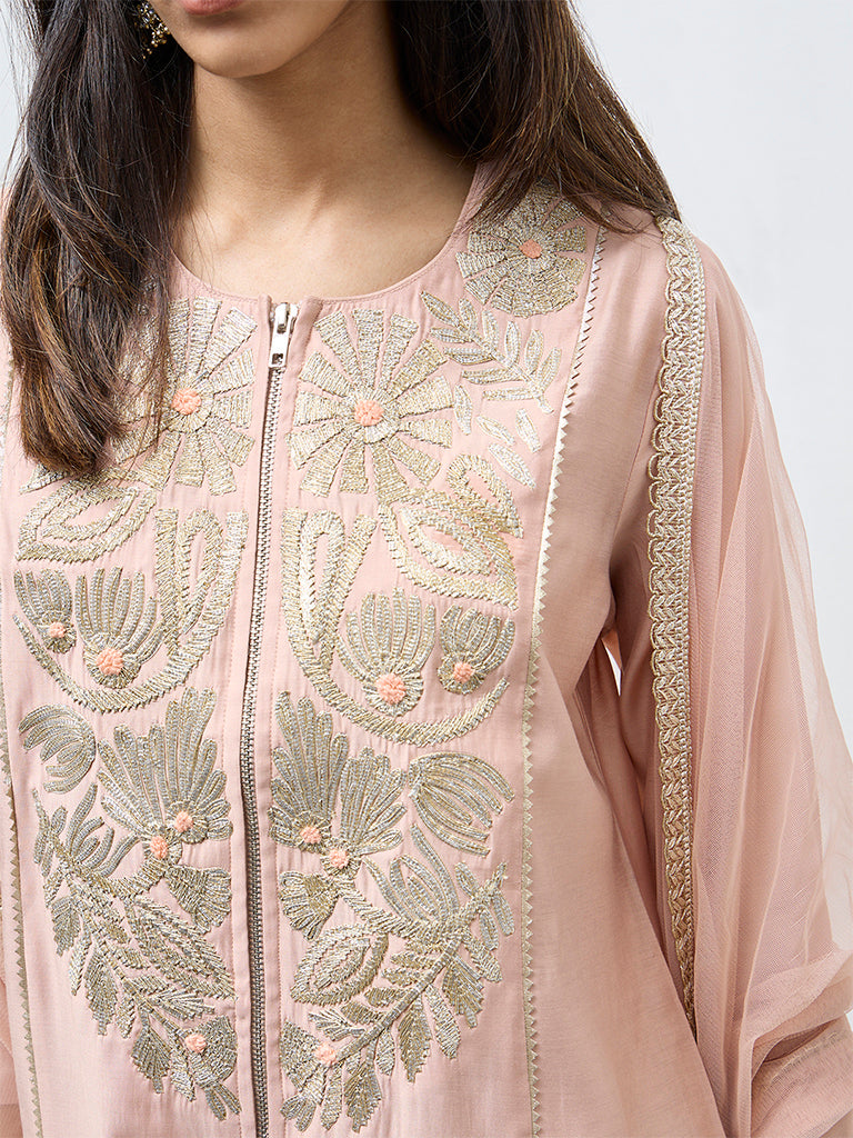 Vark Peach Floral Embroidered A-Line Ethnic Set