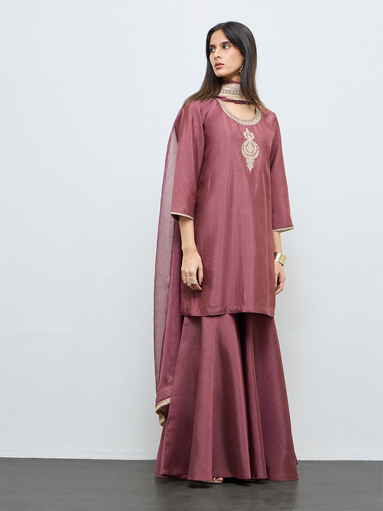 Vark Wine Embroidered A-Line Ethnic Set