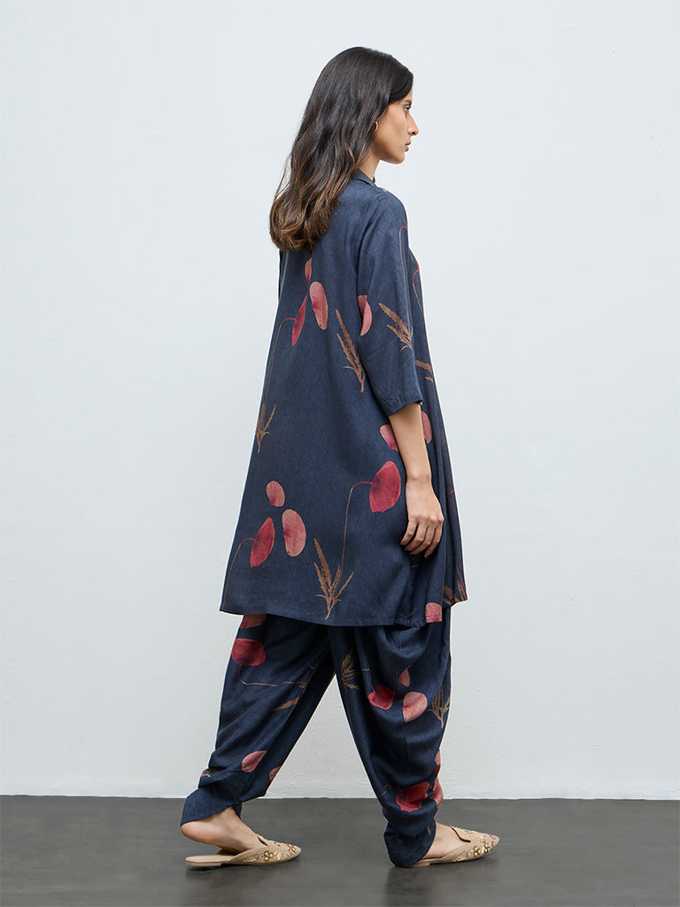 Zuba Navy Botanical Printed A-Line Kurta