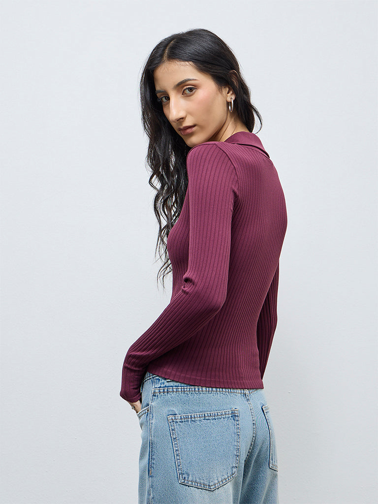 Nuon Burgundy Ribbed-Textured Top