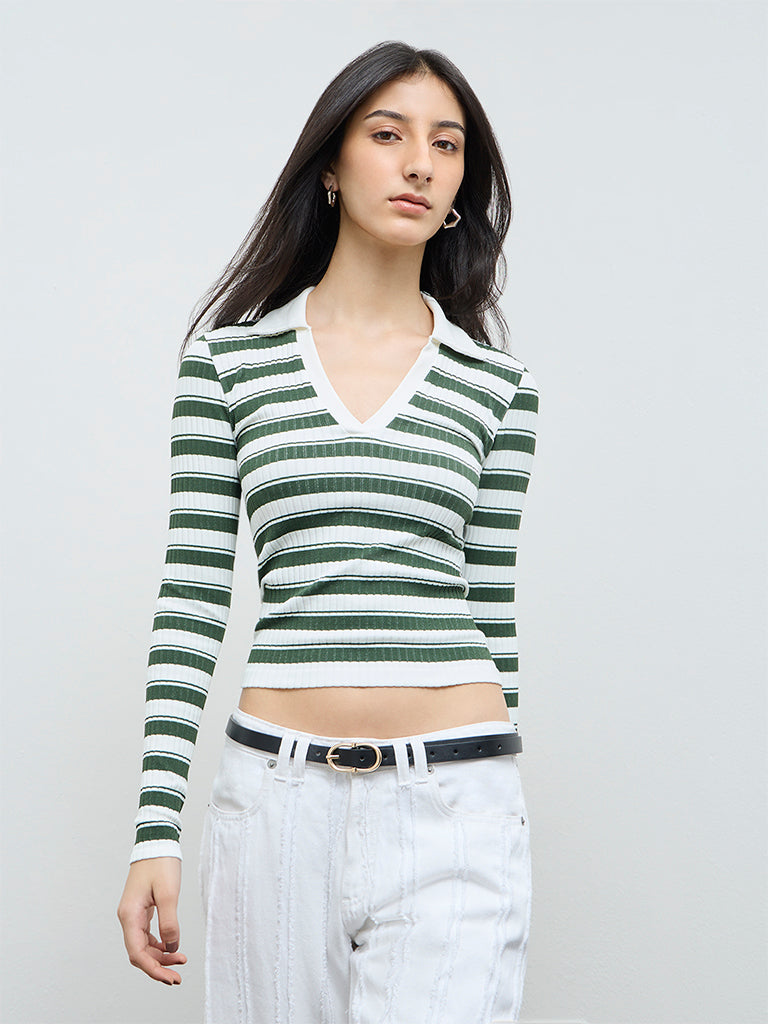 Nuon Dark Green Striped Textured T-Shirt