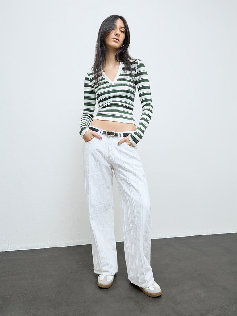 Nuon Dark Green Striped Textured T-Shirt