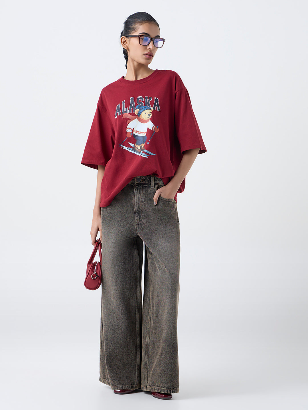 Nuon Burgundy Graphic Design Cotton T-Shirt