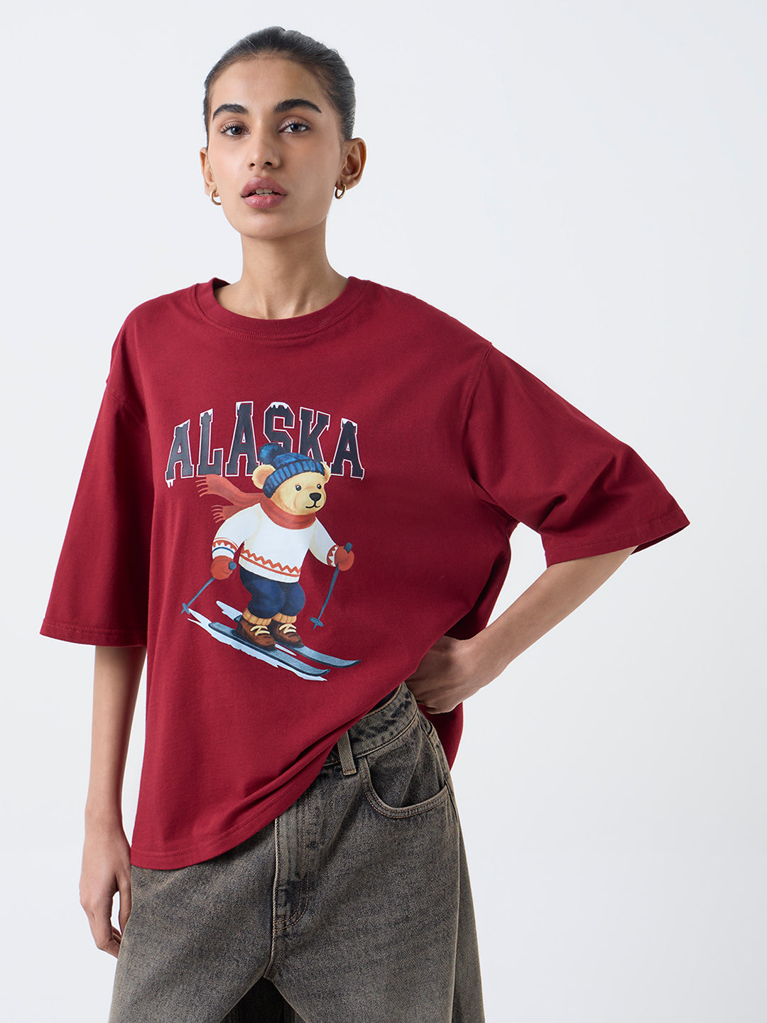 Nuon Burgundy Graphic Design Cotton T-Shirt