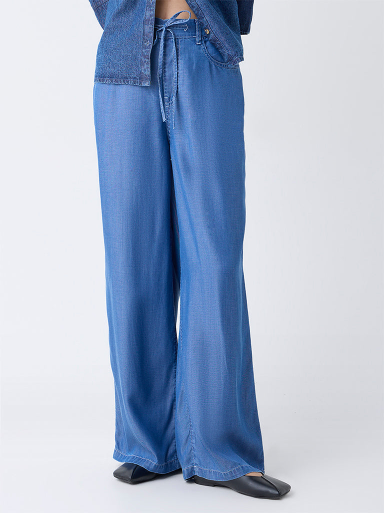 LOV Blue High-Rise Flared Chambray Pants