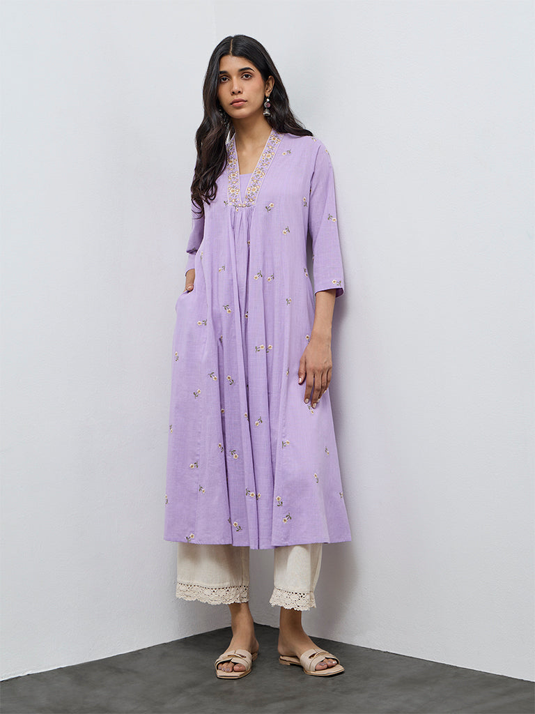 Utsa Purple Floral Embroidered Cotton A-Line Kurta
