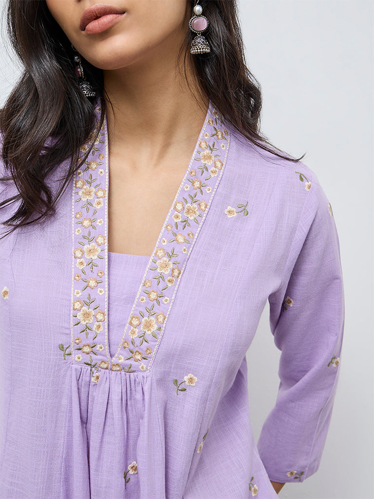 Utsa Purple Floral Embroidered Cotton A-Line Kurta