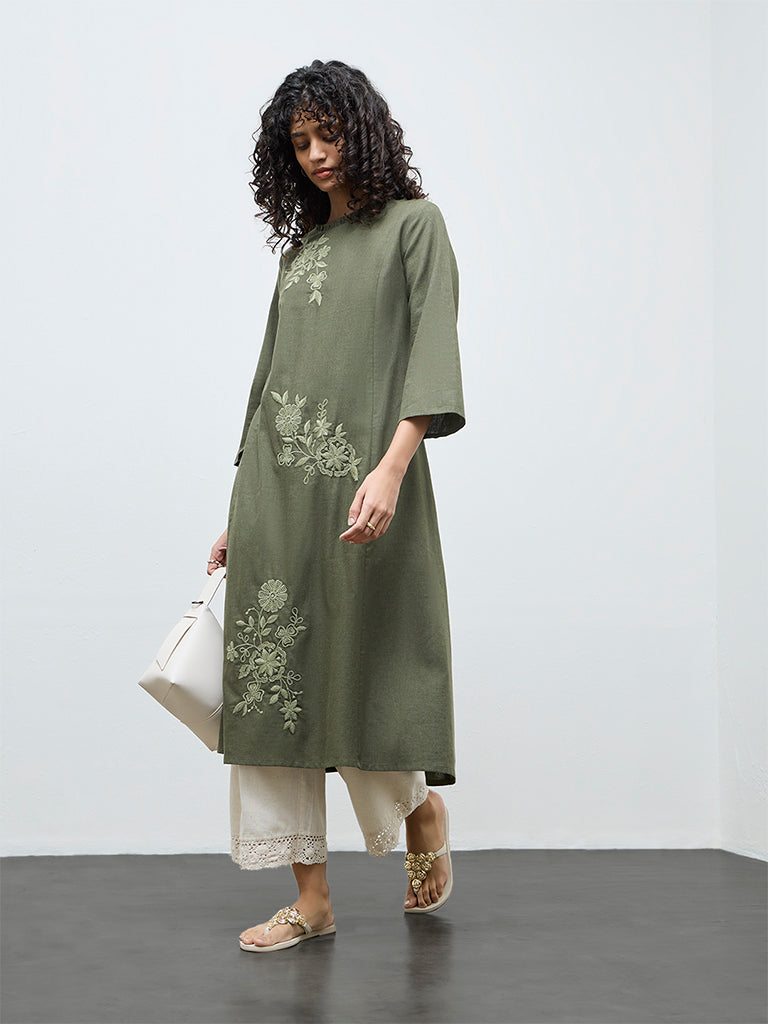 Utsa Olive Floral Embroidered Cotton A-Line Kurta