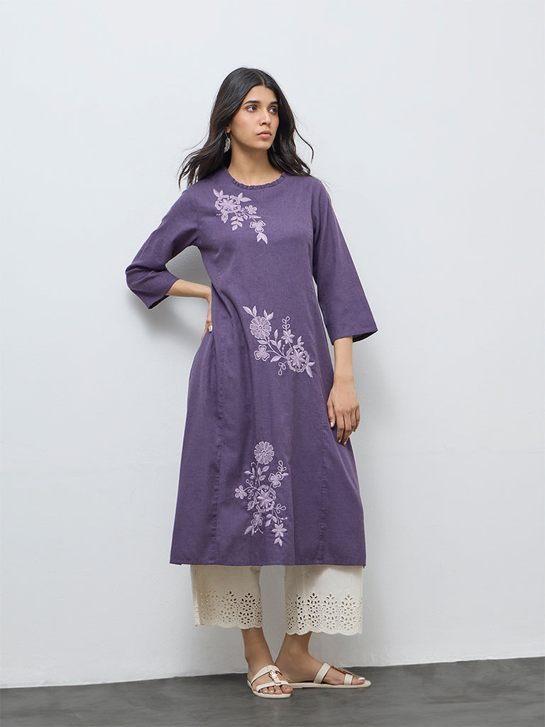 Utsa Purple Floral Embroidered A-Line Cotton Kurta