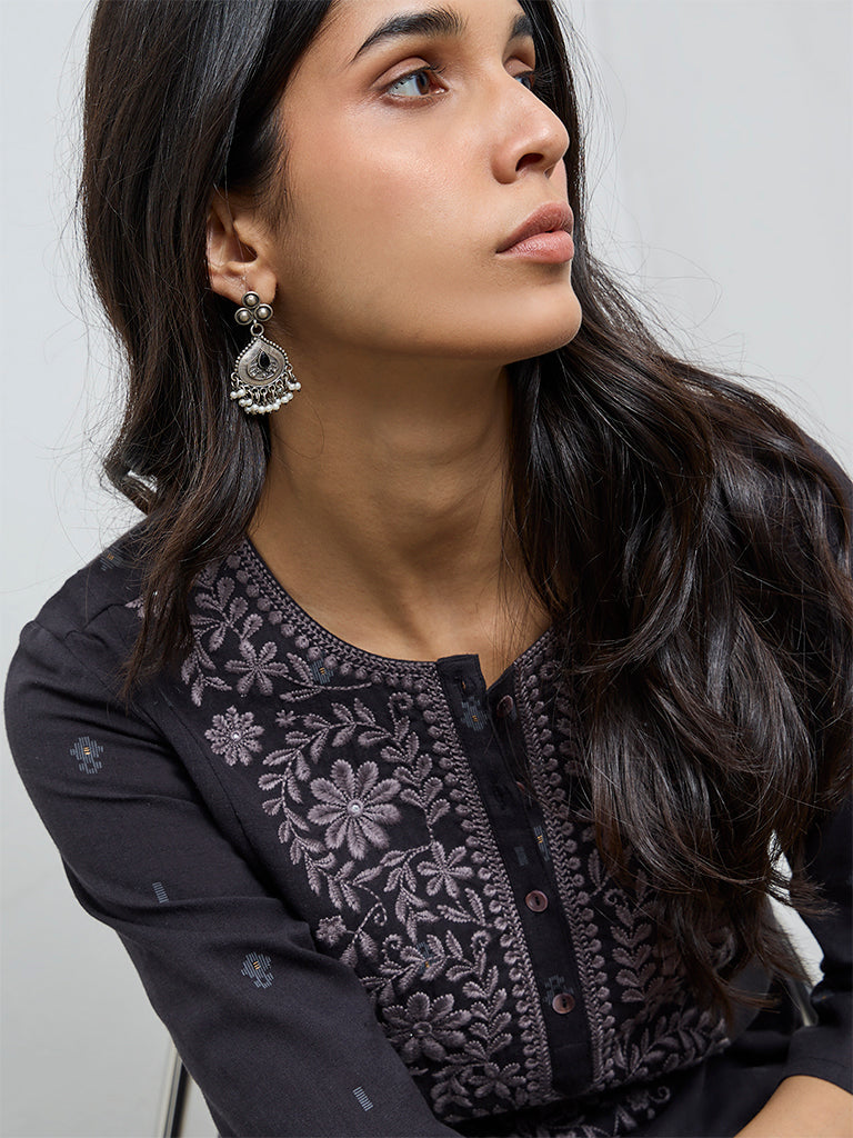 Utsa Black Floral Embroidered Cotton-Blend A-Line Kurta