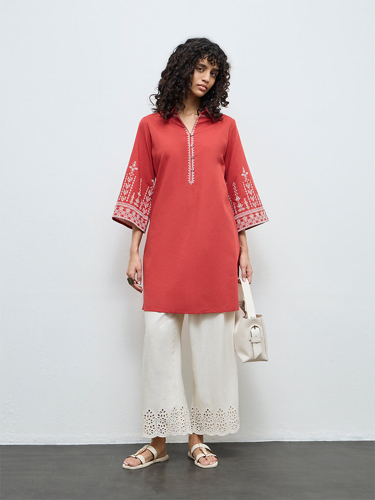 Utsa Red Embroidered Cotton-Blend A-Line Kurta