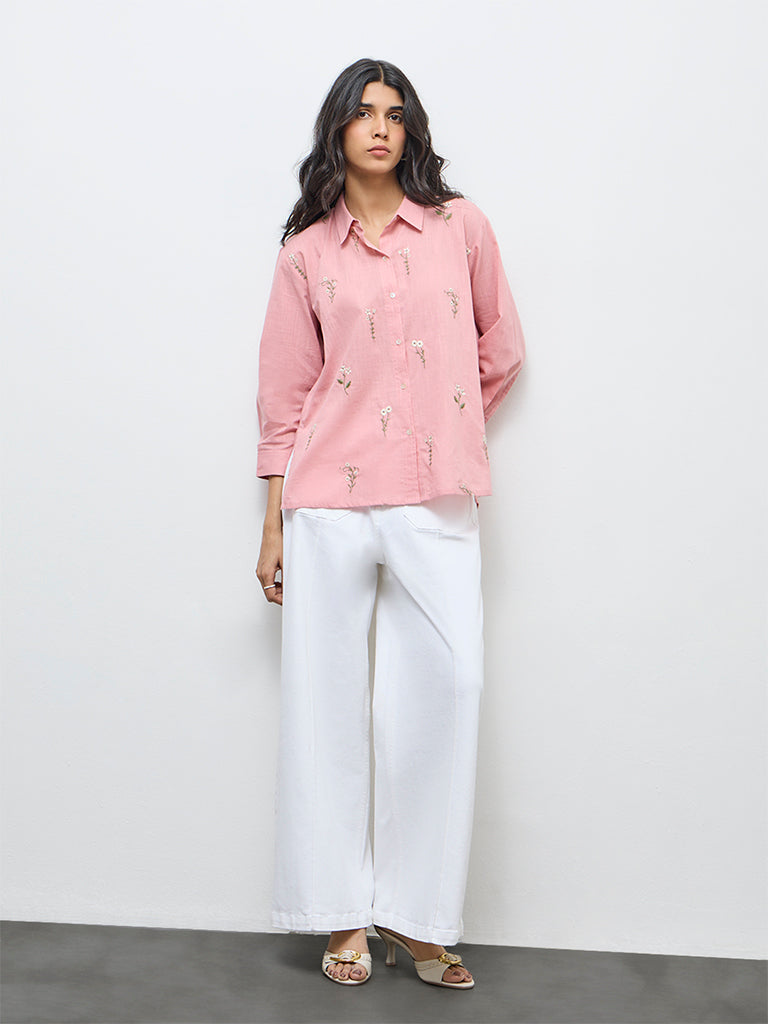Utsa Pink Floral Embroidered Cotton Tunic