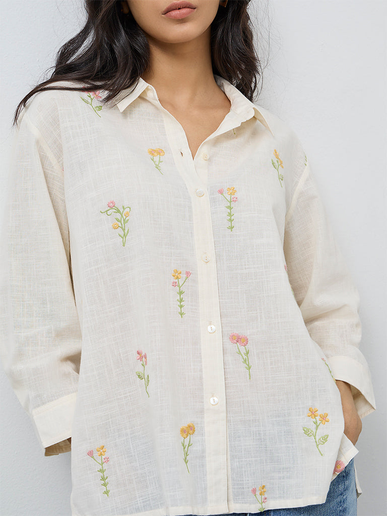 Utsa Cream Floral Embroidered Cotton Tunic
