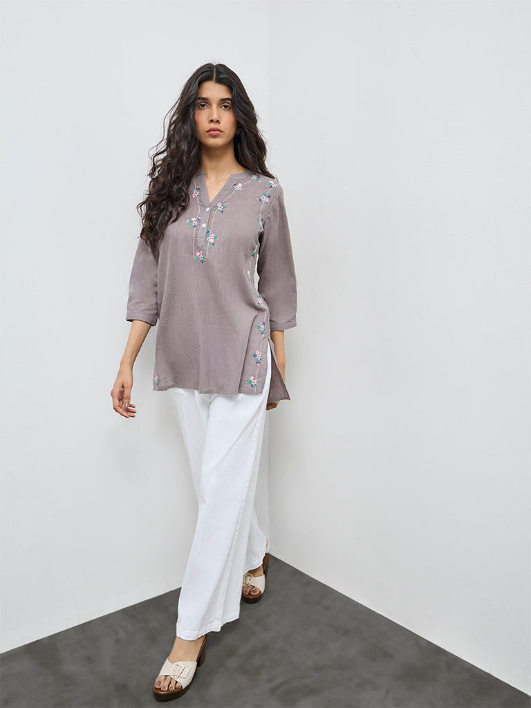 Utsa Grey Floral Embroidered Cotton Tunic