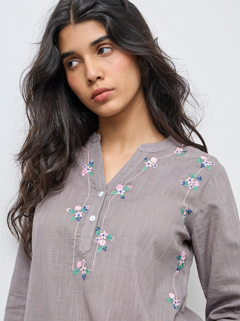 Utsa Grey Floral Embroidered Cotton Tunic