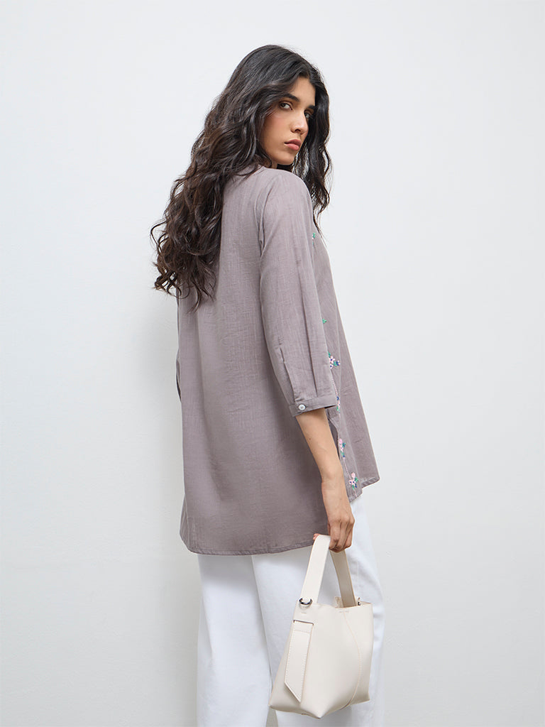 Utsa Grey Floral Embroidered Cotton Tunic