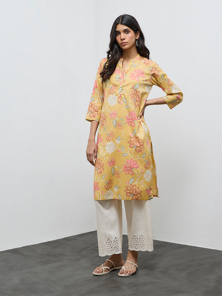 Utsa Yellow Floral Printed Cotton Straight Kurta
