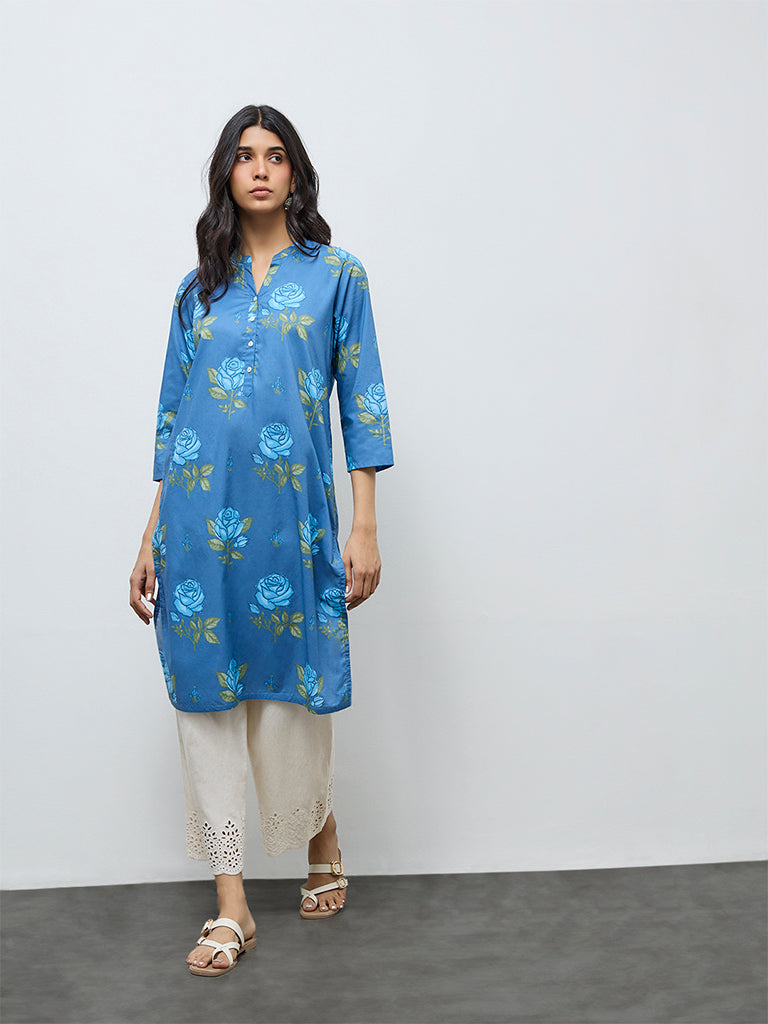 Utsa Dusty Blue Floral Printed Cotton Straight Kurta
