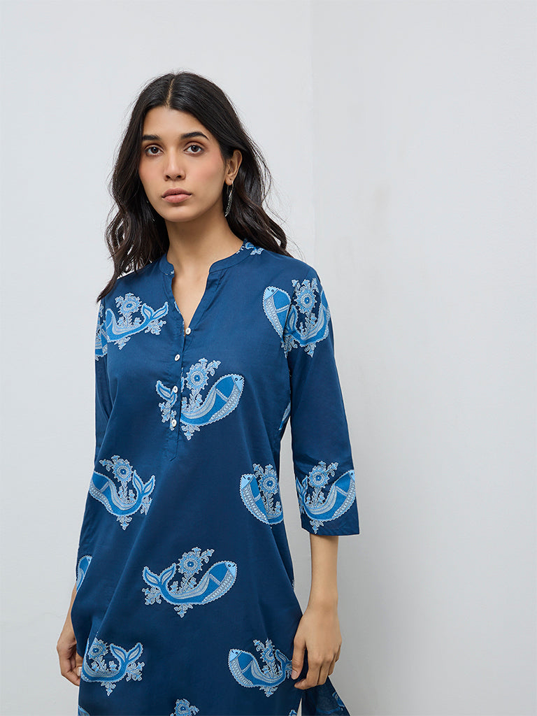 Utsa Indigo Buta Printed Cotton Straight Kurta