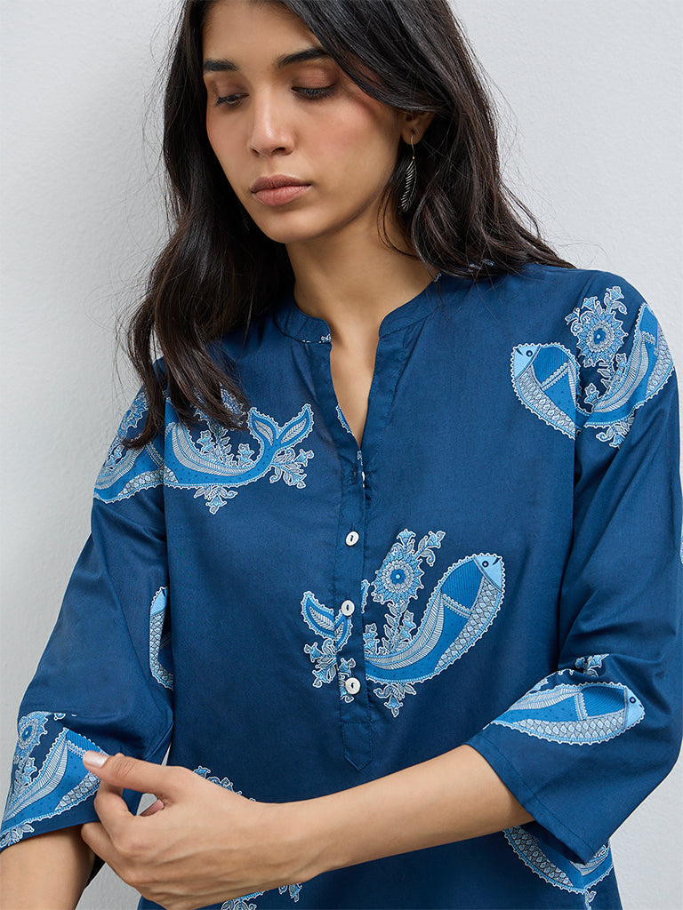 Utsa Indigo Buta Printed Cotton Straight Kurta