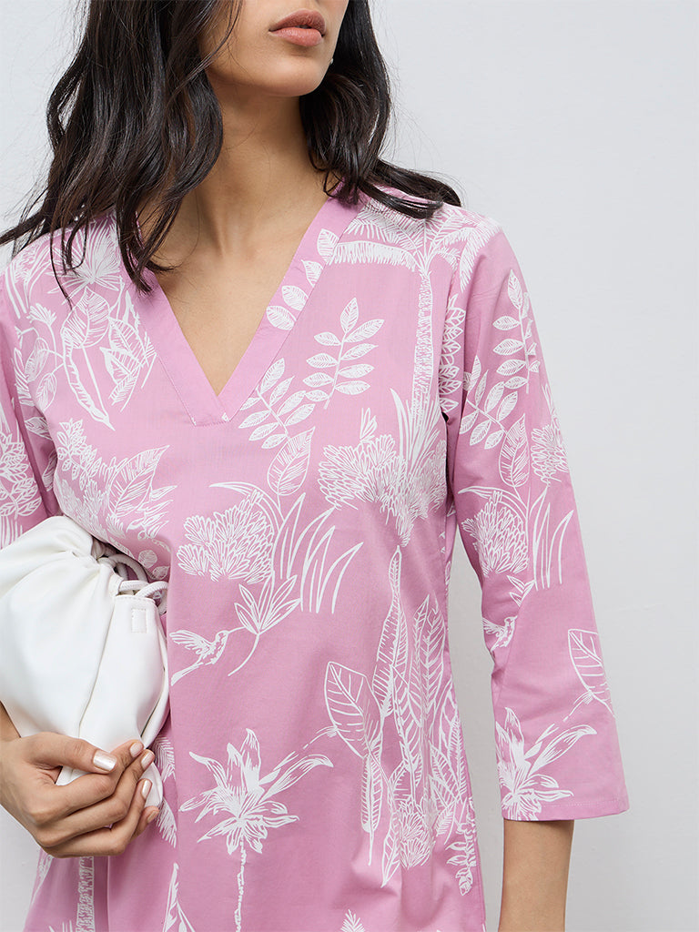 Utsa Pink Botanical Printed Cotton Straight Kurta