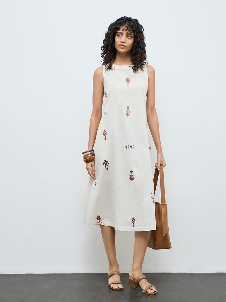 Utsa Off-White Embroidered Straight Cotton-Blend Dress