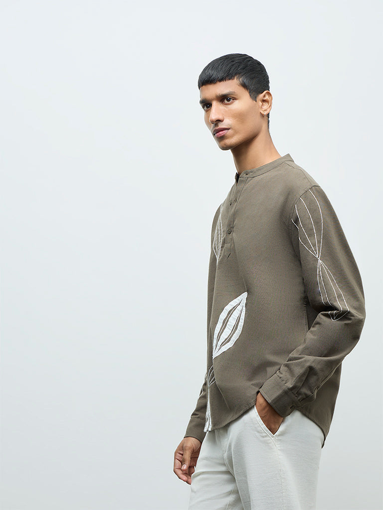 ETA Olive Embroidered Relaxed-Fit Cotton Shirt