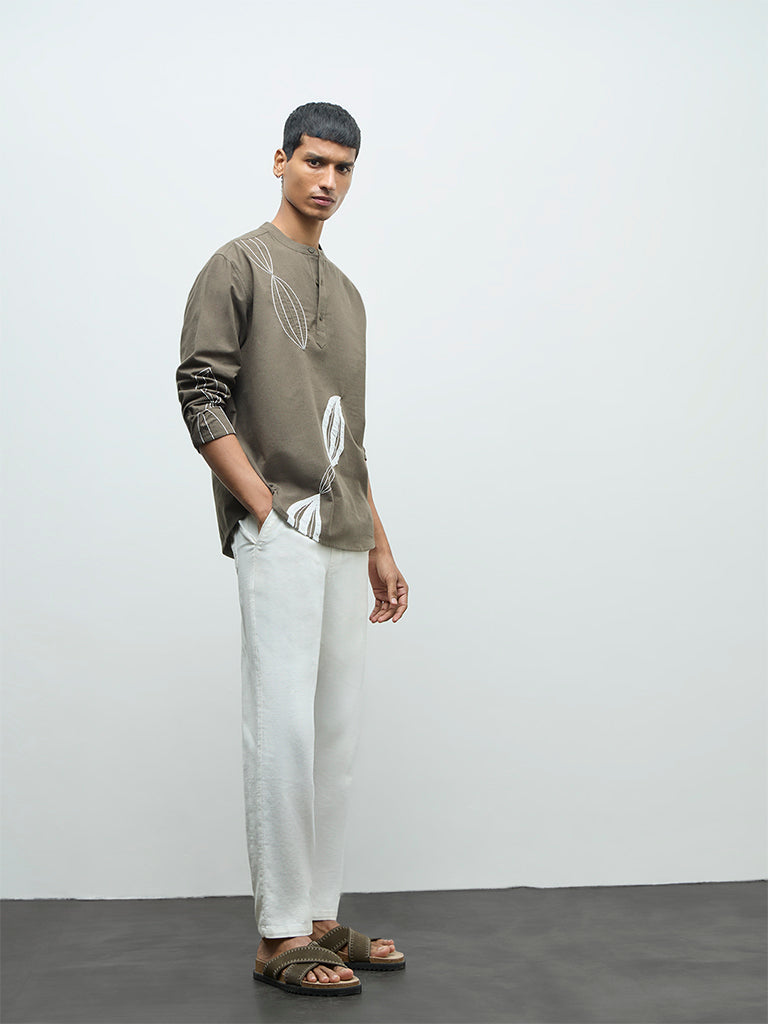 ETA Olive Embroidered Relaxed-Fit Cotton Shirt