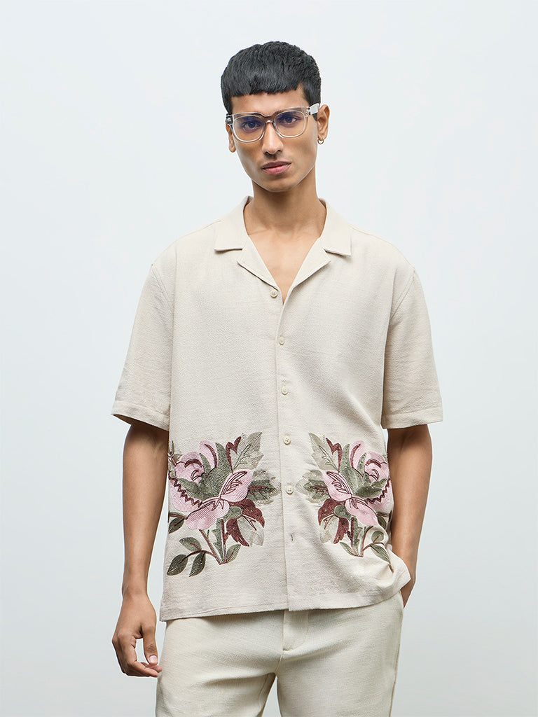 ETA Beige Floral Embroidered Relaxed-Fit Cotton Shirt