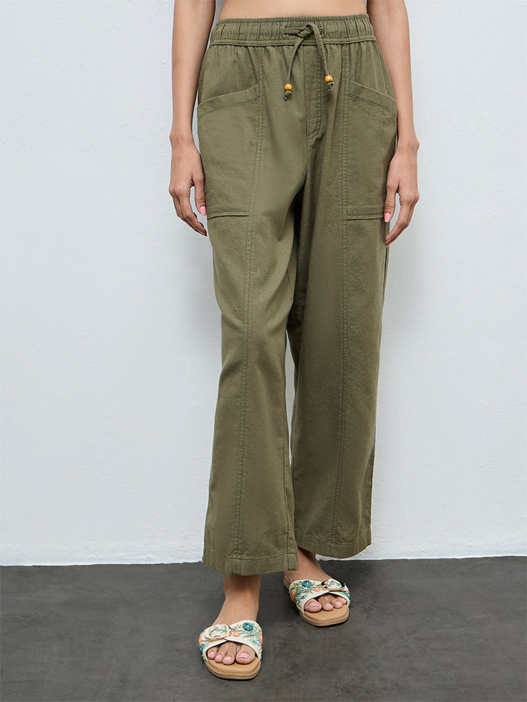 Bombay Paisley Olive Solid High-Rise Cotton-Blend Pants