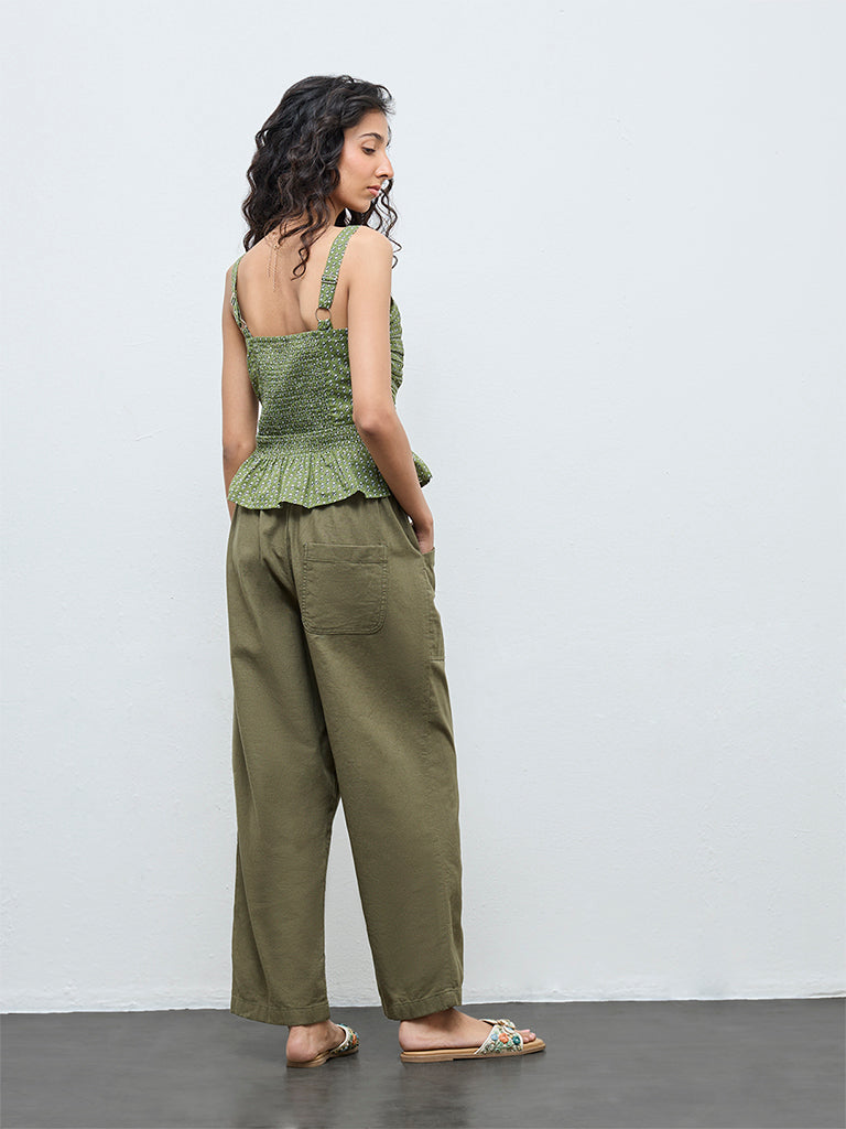 Bombay Paisley Olive Solid High-Rise Cotton-Blend Pants