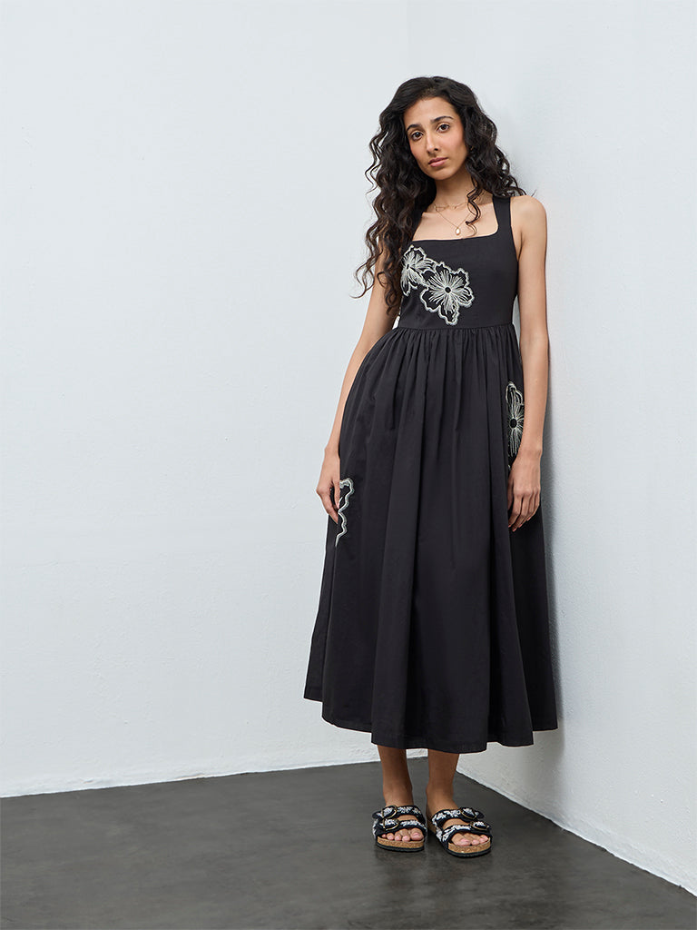 Bombay Paisley Black Floral Embroidered Cotton A-Line Dress