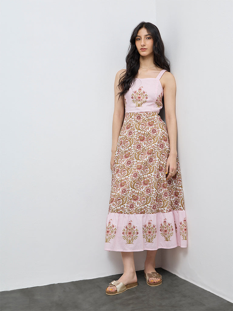 Bombay Paisley Pink Floral Printed Cotton A-Line Dress