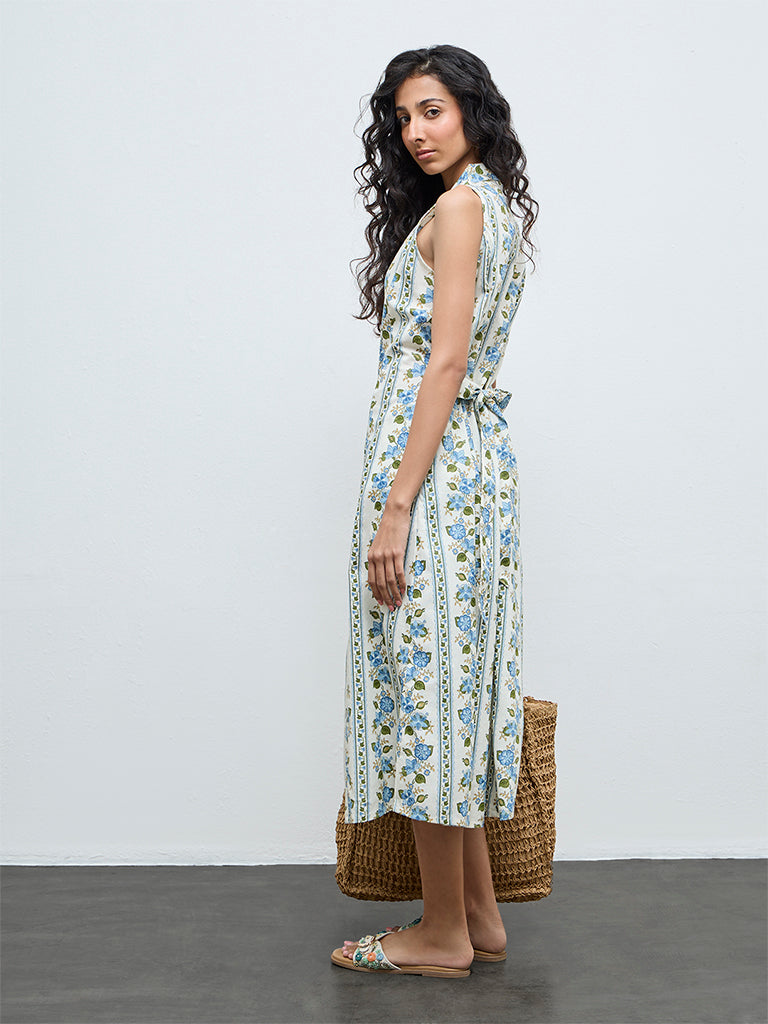 Bombay Paisley Blue Floral Cotton-Blend Shirt Dress