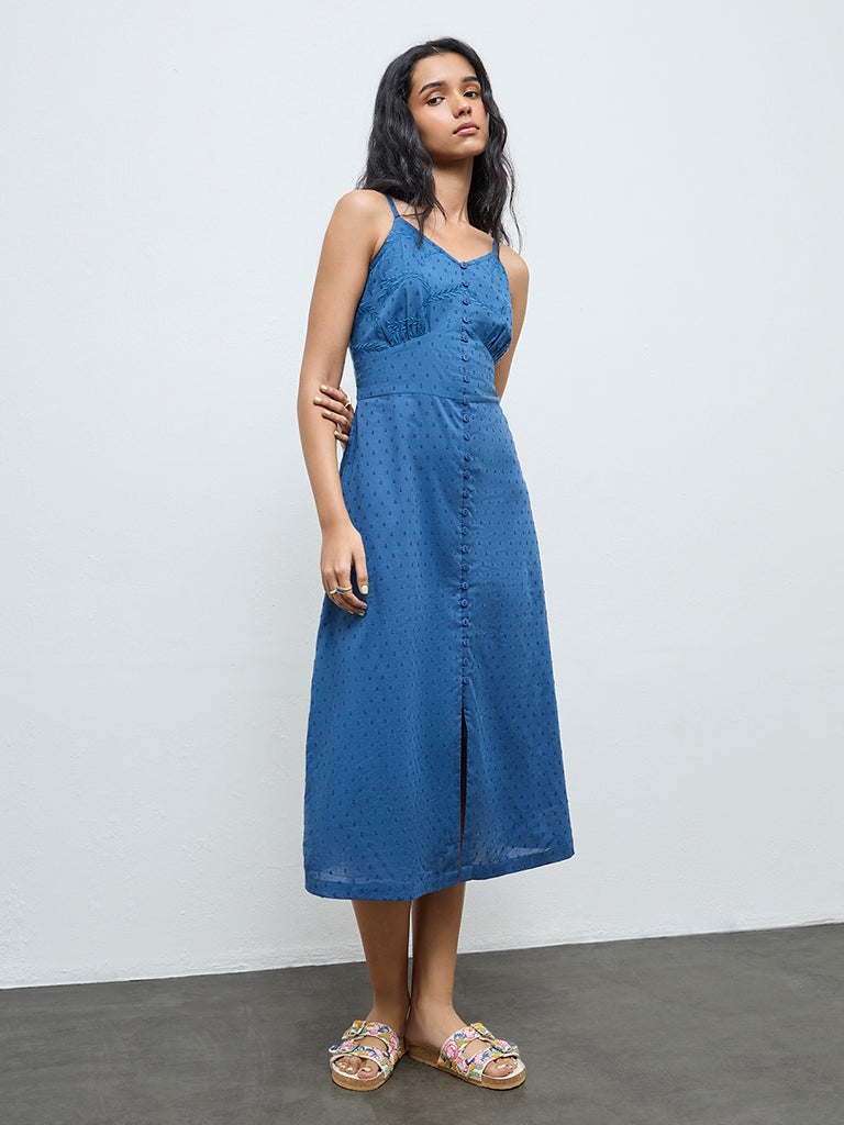 Bombay Paisley Indigo Embroidered Cotton A-Line Dress