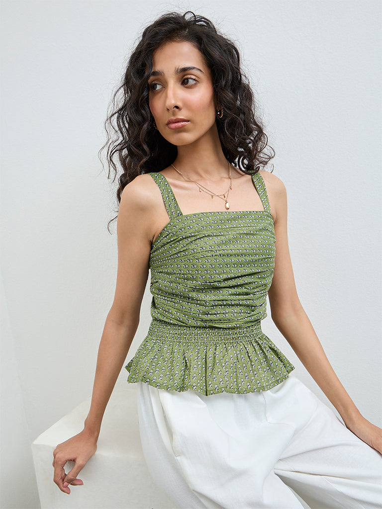 Bombay Paisley Green Floral Cotton Peplum Top
