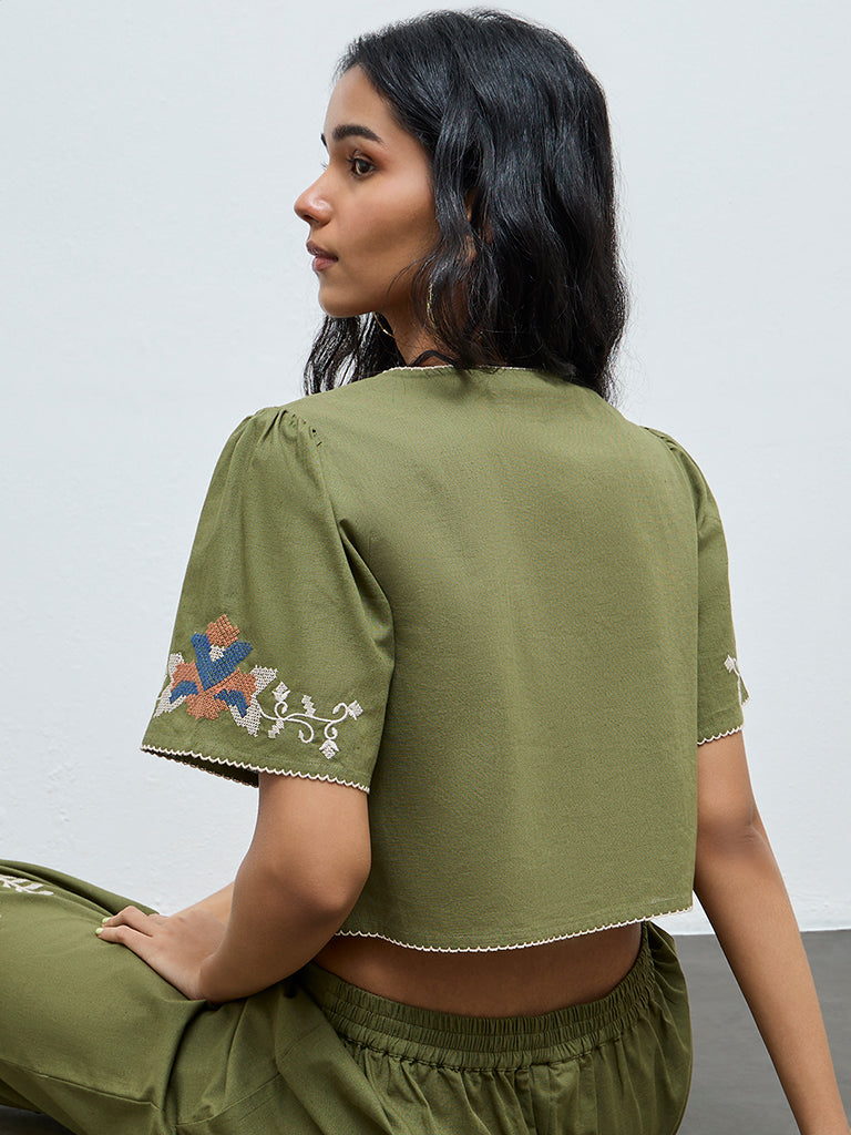 Bombay Paisley Green Floral Embroidered Cotton-Blend Top