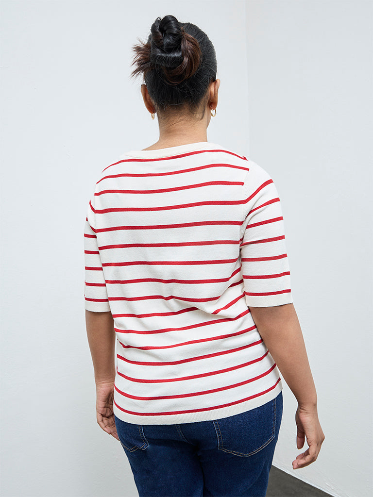 Gia Cream and Red Striped Knit-Textured Sweater