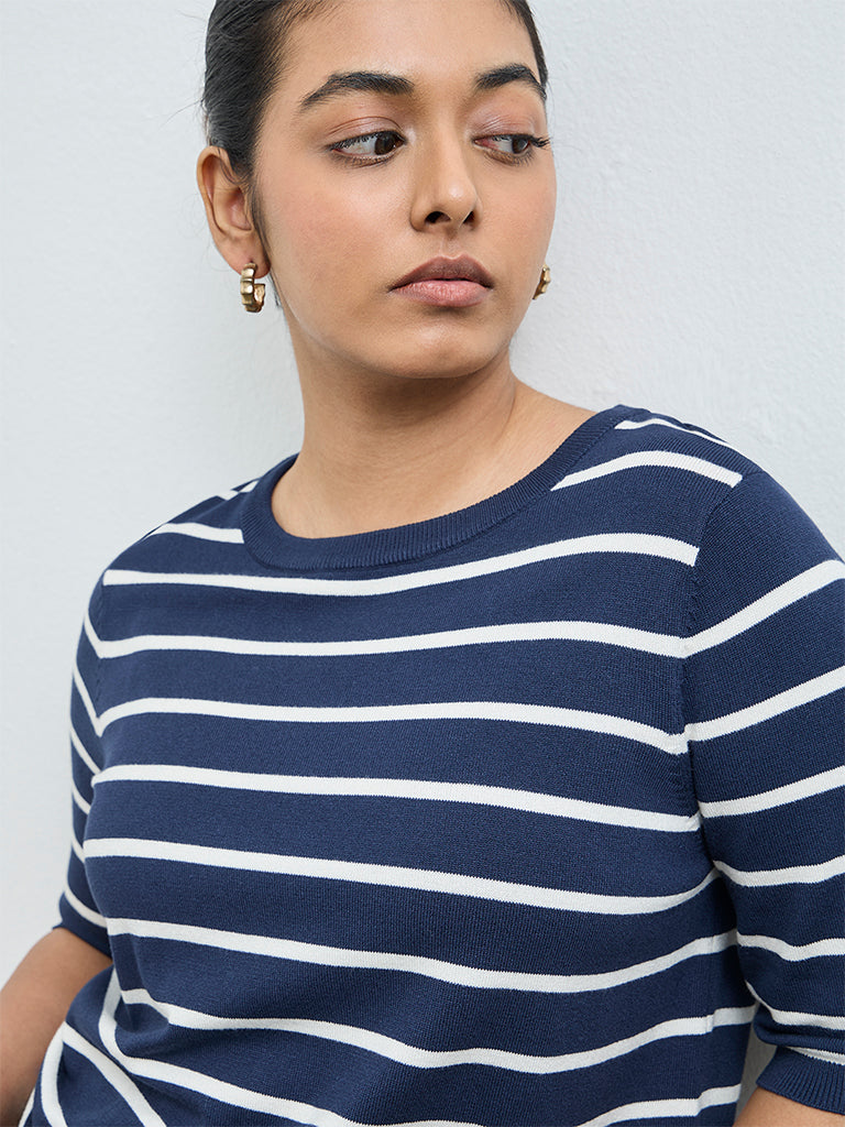 Gia Navy and Cream Striped Knit-Textured Sweater